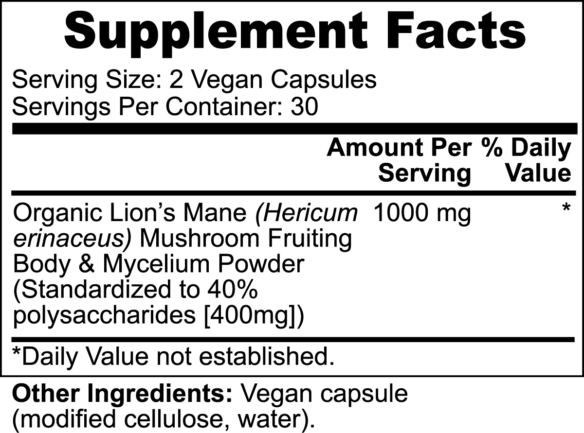 Organic Lions Mane mushroom supplement bottle back view