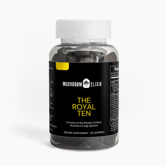 MushroomElixir Royal Ten 10 mushroom blend gummies bottle front label