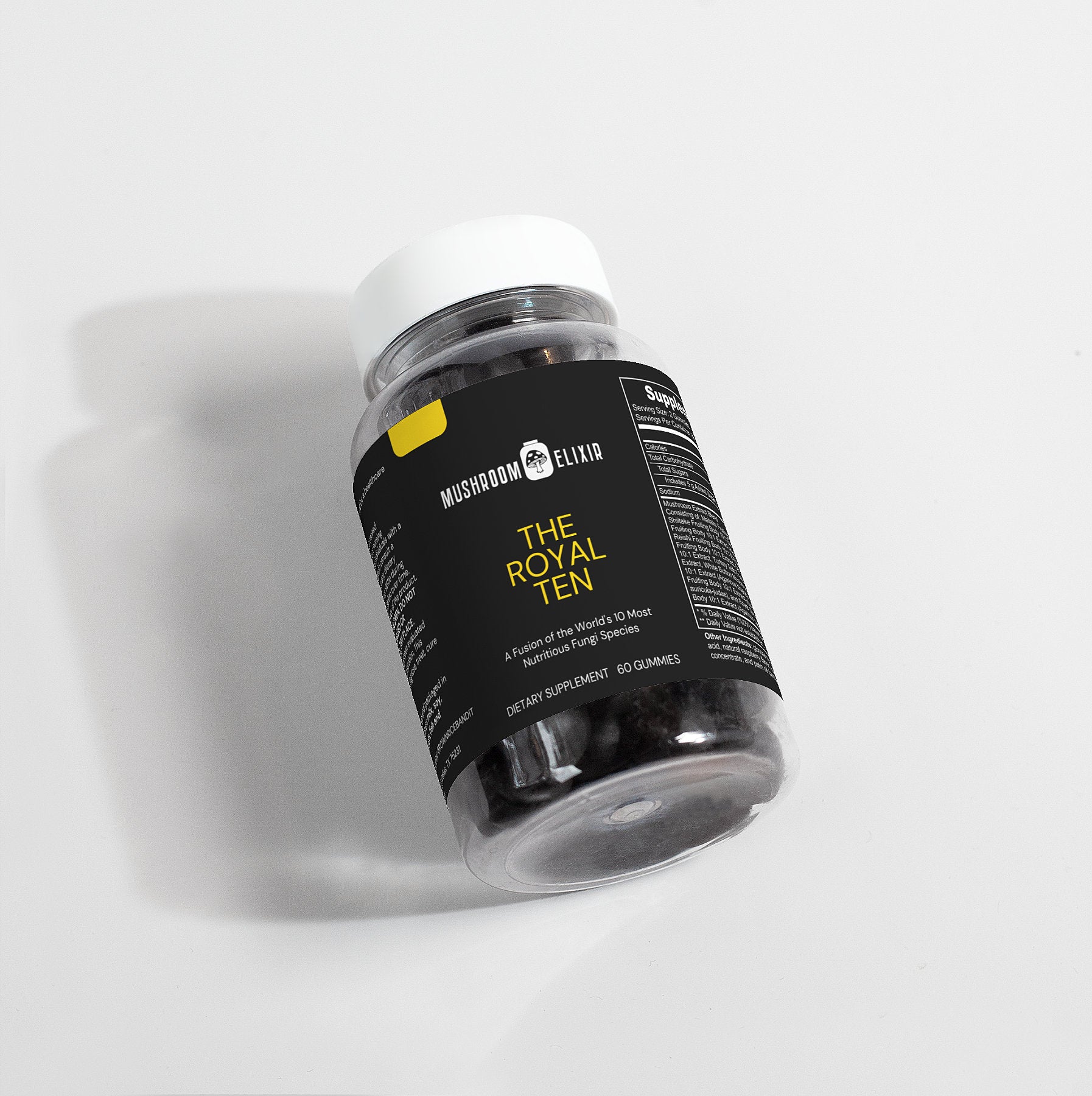 MushroomElixir Royal Ten mushroom gummies side label with benefits