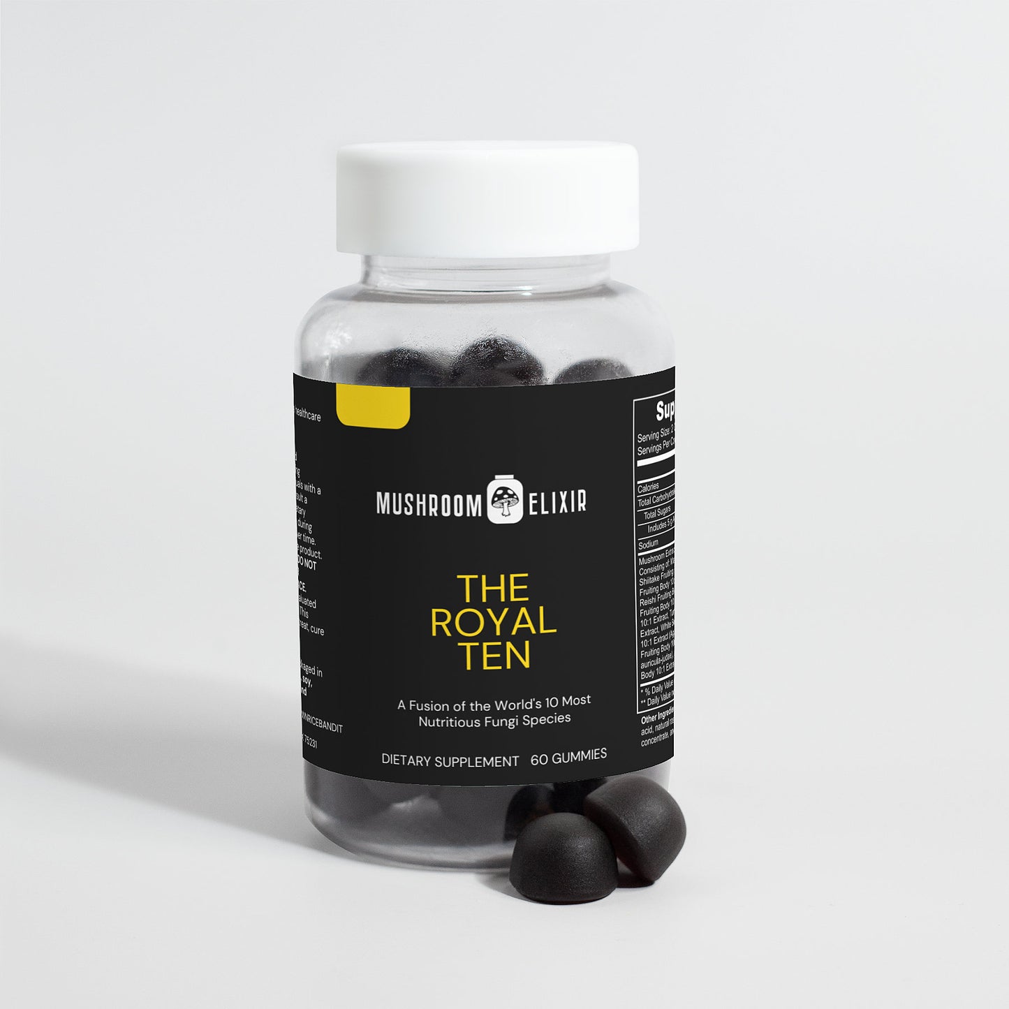 MushroomElixir Royal Ten Gummies back label with ingredients list
