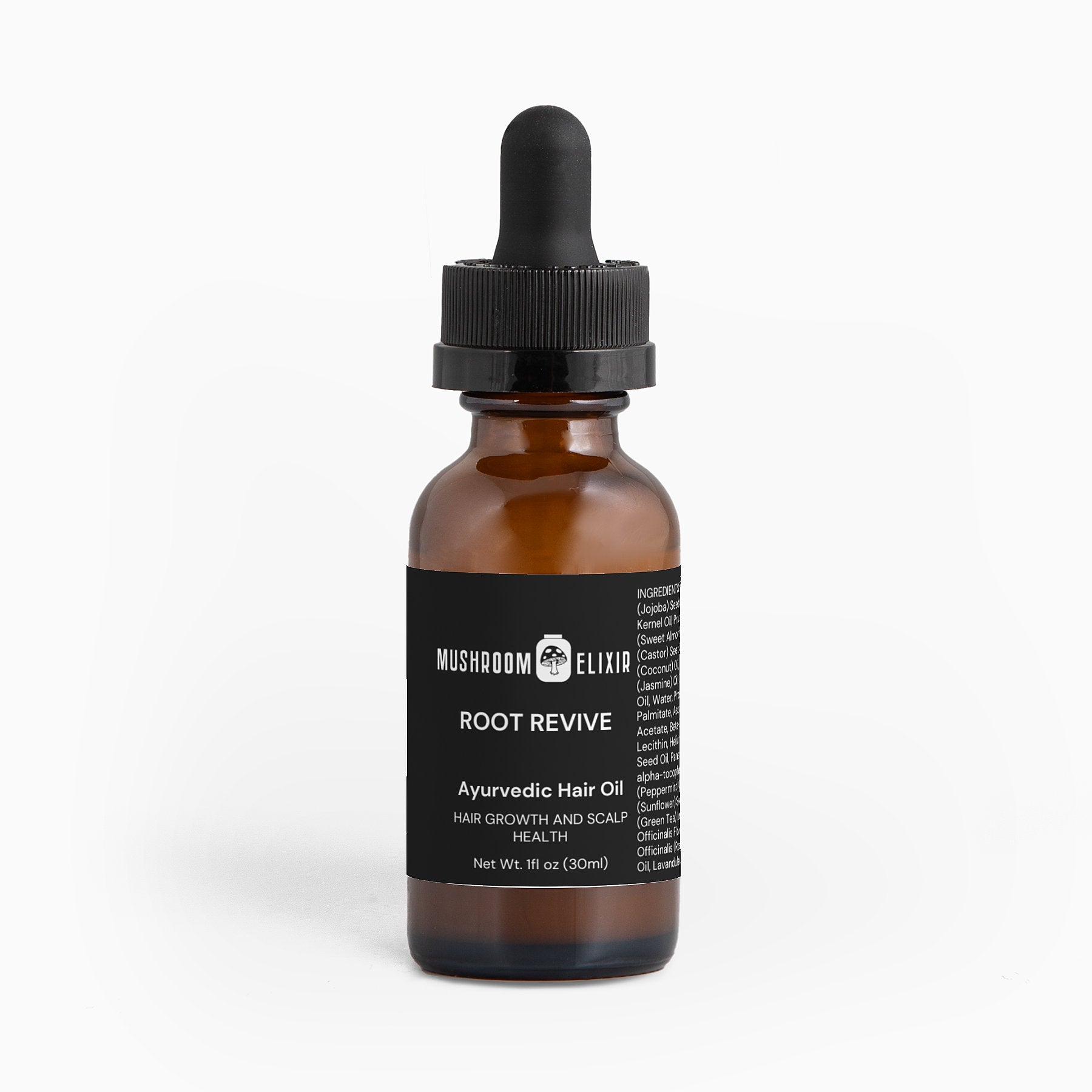 MushroomElixir Root Revive Ayurvedic Hair Oil bottle side label view