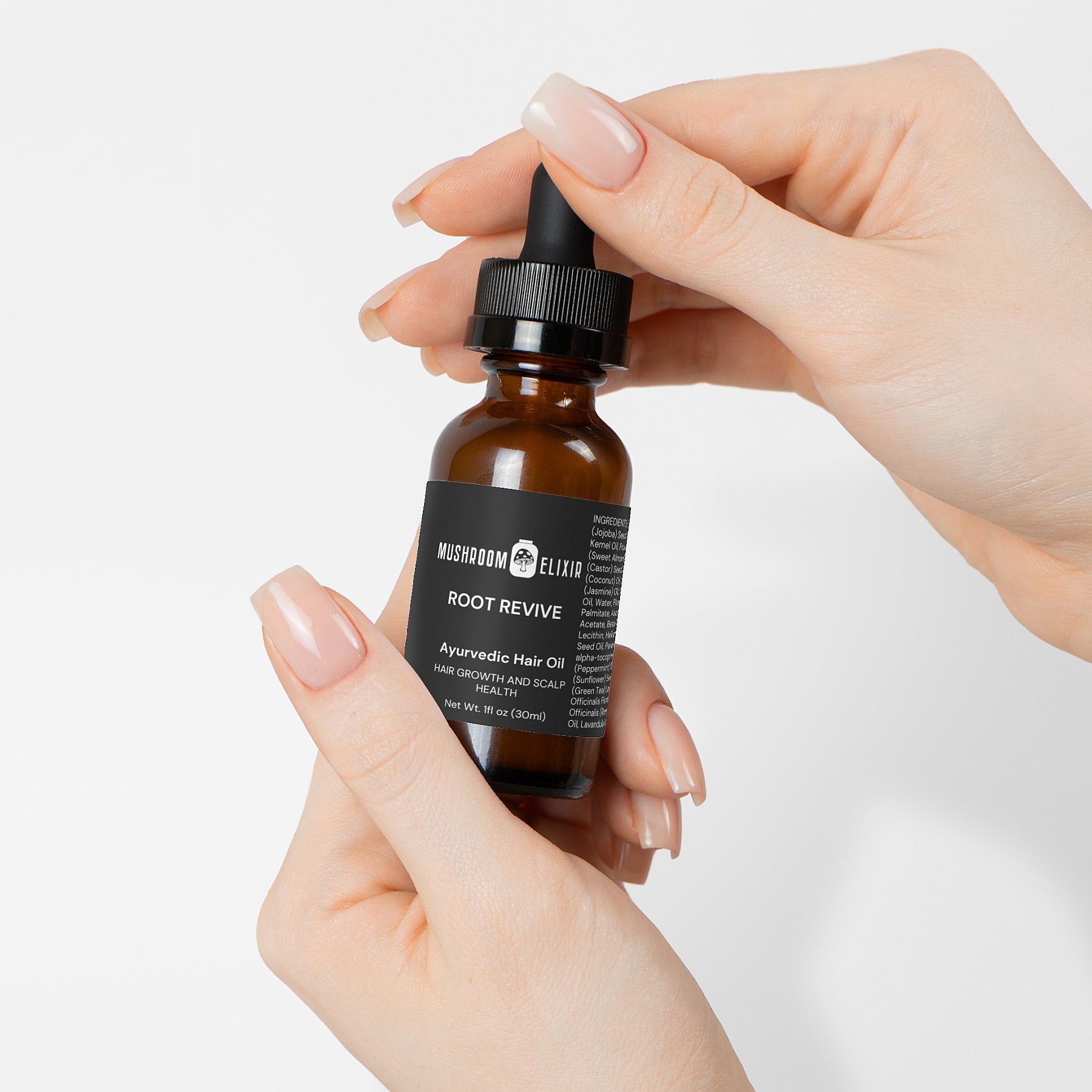 MushroomElixir Root Revive Ayurvedic Hair Oil usage directions label