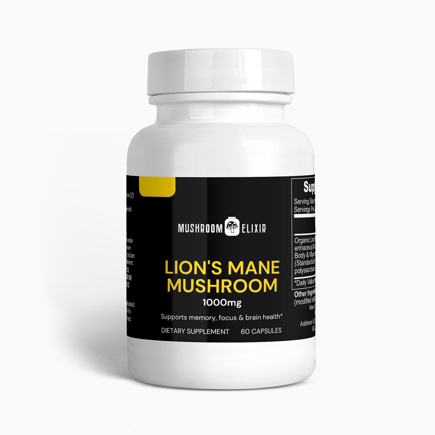 Organic Lions Mane mushroom extract supplement bottle front view