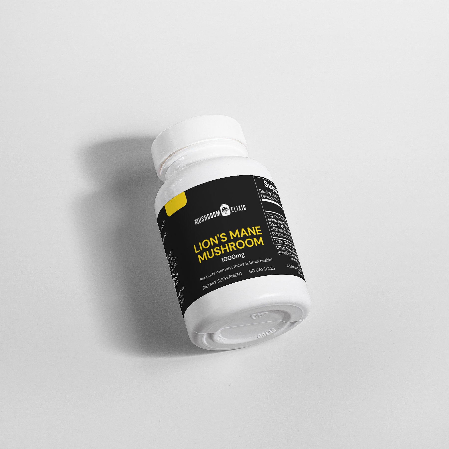 Organic Lions Mane extract bottle with full ingredients list