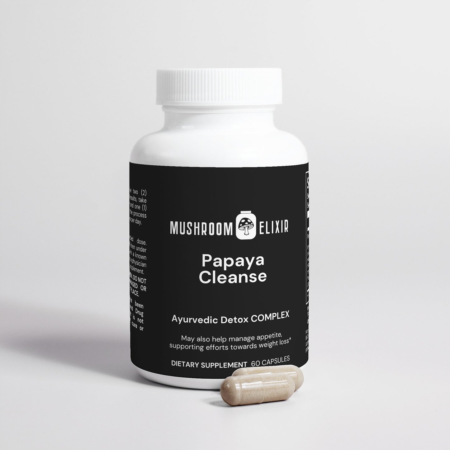 MushroomElixir Papaya Cleanse back label with papaya enzyme ingredients