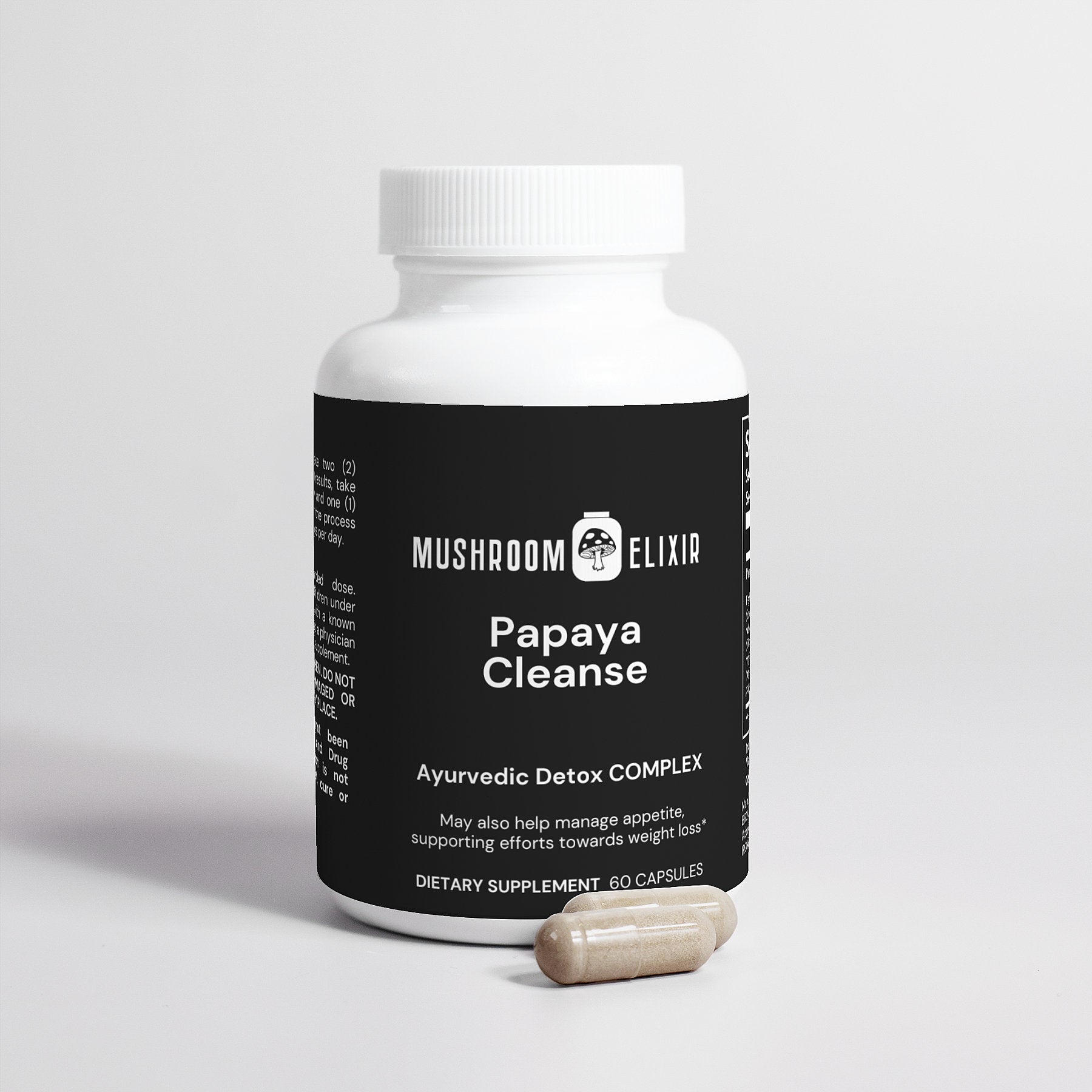 MushroomElixir Papaya Cleanse back label with papaya enzyme ingredients