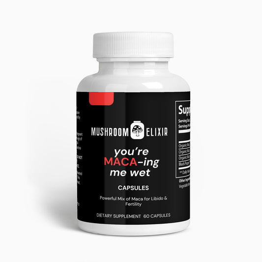 MushroomElixir Maca Root supplement front label for energy and libido