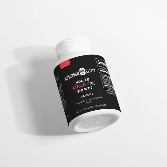 MushroomElixir Maca Root supplement side label with health benefits