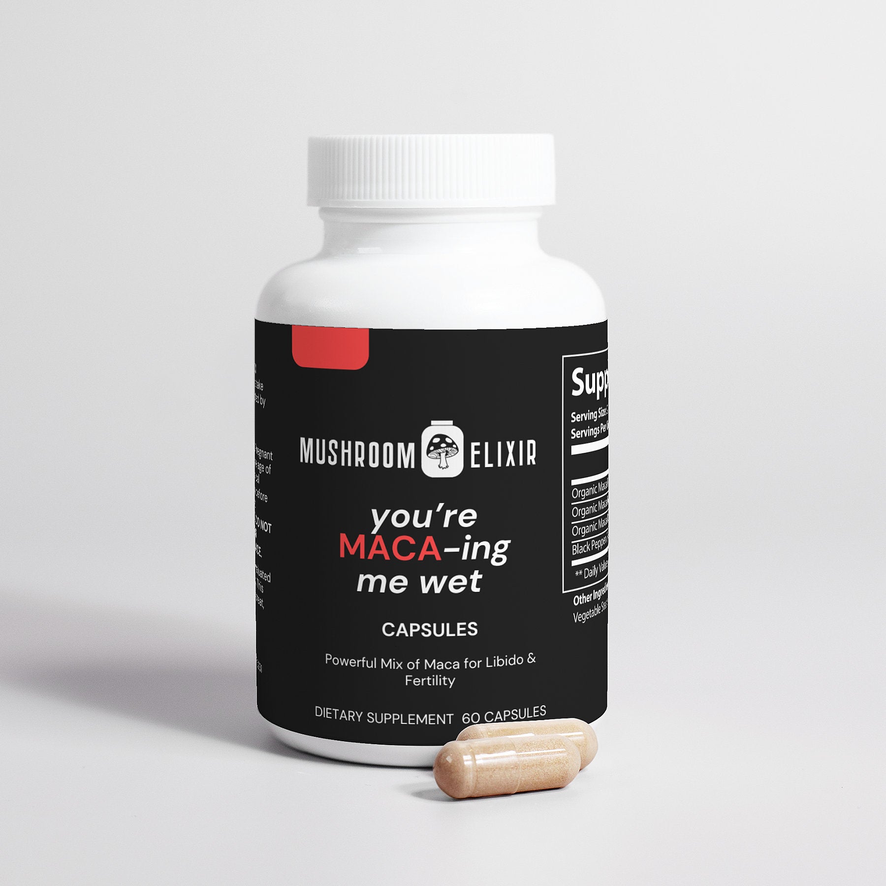 MushroomElixir Maca Root supplement back label with ingredients