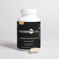 MushroomElixir Organic Ashwagandha supplement side label with benefits