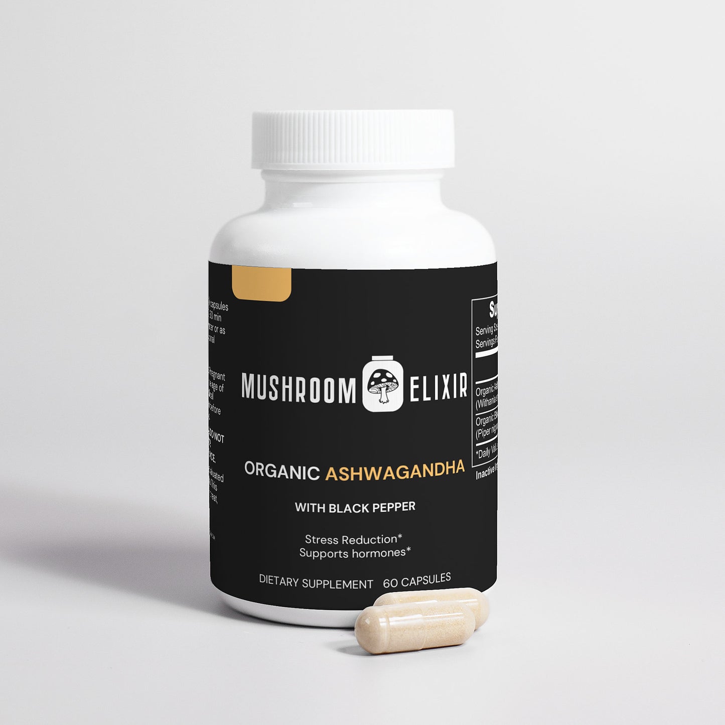 MushroomElixir Organic Ashwagandha supplement side label with benefits