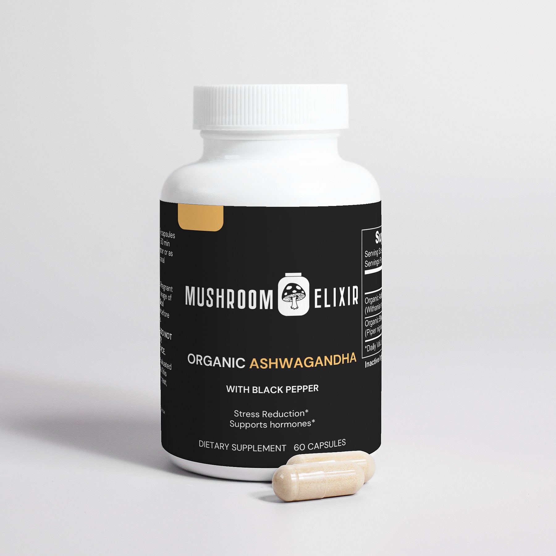 MushroomElixir Organic Ashwagandha supplement side label with benefits