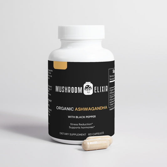 MushroomElixir Organic Ashwagandha supplement side label with benefits