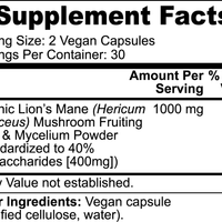 Organic Lions Mane mushroom supplement bottle back view