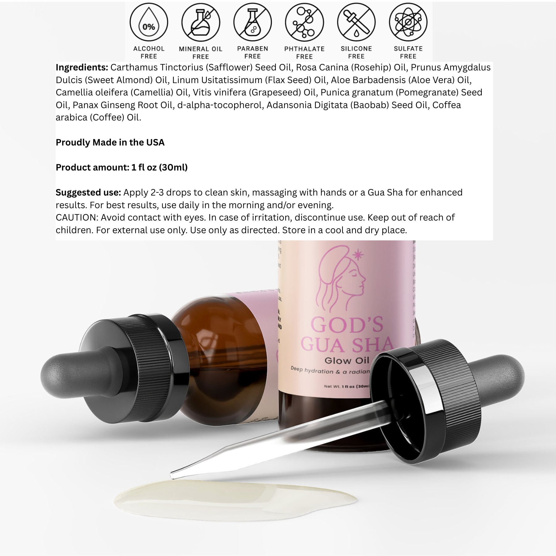 MushroomElixir Gua Sha Glow Oil ingredients list with flax seed and aloe vera