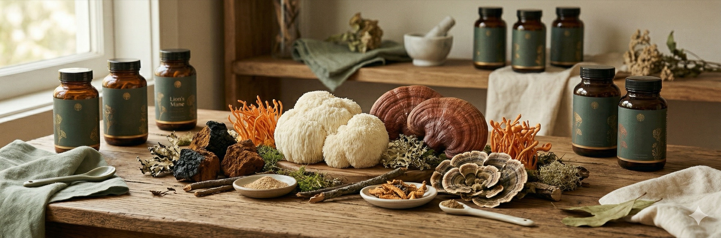 MushroomElixir premium mushroom supplements banner with lion's mane reishi chaga cordyceps and turkey tail mushrooms